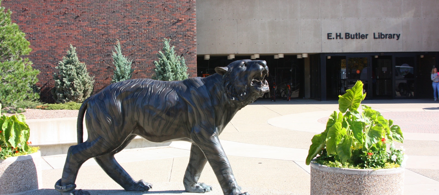 Bengal statue with flower pots in front of the library